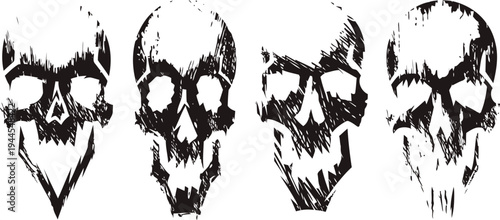 Four detailed black and white skull illustrations grunge human skull set for tattoo and design elements