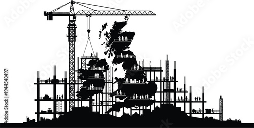 Scotland map construction concept, tower crane building infrastructure silhouette, workers on scaffolding, urban development project, engineering industry illustration, architecture growth vector