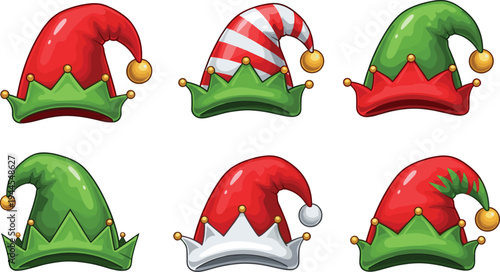 Cartoon Christmas elf hats collection red and green festive holiday hat set cute winter costume accessory vector illustration isolated