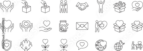 Charity Donation and Volunteer Line Icons Set, Nonprofit Support, Helping Hands, Community Care and Humanitarian Aid Outline Vector Collection