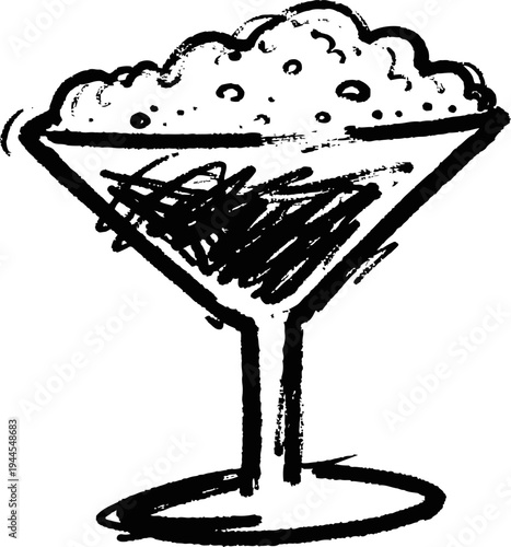 Hand drawn cocktail glass with frothy drink, sketch illustration of a beverage in a wide glass