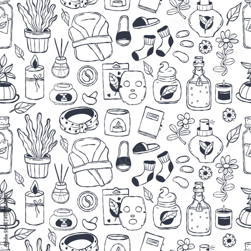 Spa and Self Care Seamless Pattern. Outline Bathrobe, Cosmetics, Face Mask, Perfume, Flowerpot, Aromatherapy and Candle on White Background. Line Doodle Vector Illustration.