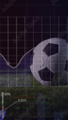 Vertical video: Ball on turf, sports overlays animating metrics, player foot entering to kick