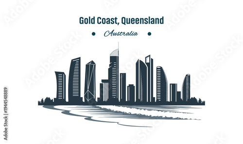 Gold Coast Queensland Australia City Skyline Silhouette Vector.