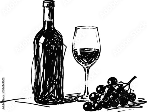 Bottle of wine with glass and grape cluster hand drawn vintage illustration of alcoholic beverage and fruit