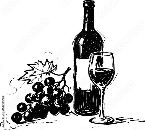 Wine bottle with glass and grapevine bunch hand drawn illustration of alcoholic beverage and fruit