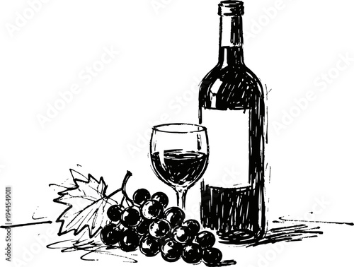 Bottle of wine with a glass and grapes vintage black and white sketch of wine, grapevine, and drink concept