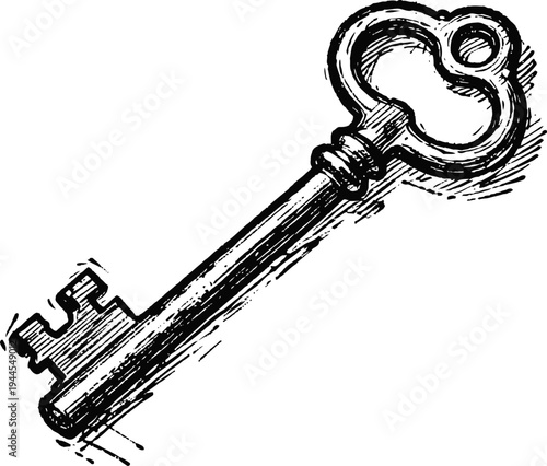 vintage skeleton key illustration in black and white with detailed engraving