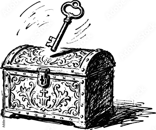 Ornate treasure chest with flying vintage key unlocking treasure box concept