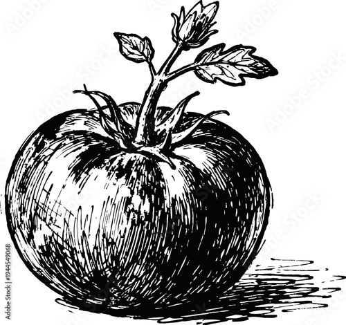 Hand drawn tomato with leaves illustration, vintage engraved vegetable, organic garden produce design