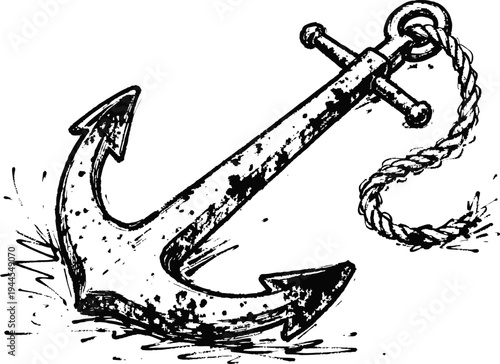 Rustic ship anchor with rope sketch nautical sea symbol, maritime equipment, vintage marine design