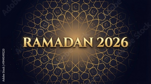 Elegant Ramadan 2026 greeting background with golden Islamic geometric pattern