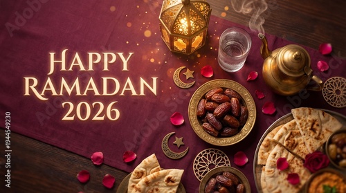 Traditional Ramadan iftar table with dates lantern tea and Arabic food for Ramadan 2026 celebration