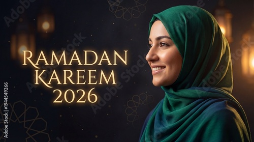 Muslim woman in green hijab celebrating Ramadan Kareem 2026 with Islamic lantern lights