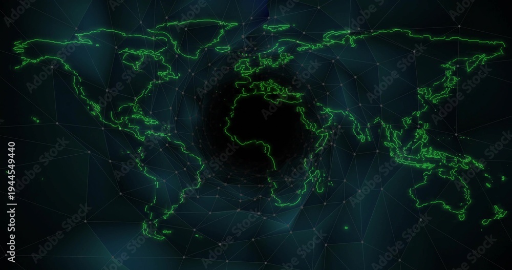 Fototapeta premium Displaying neon green outlines, polygon mesh and glowing nodes on dark digital grid, showing vortex