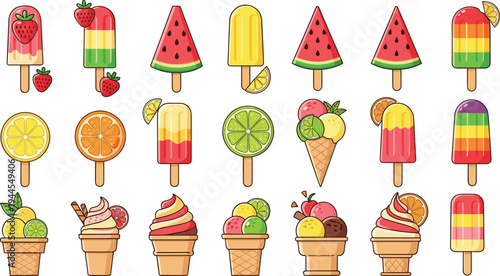 Colorful ice cream and popsicle collection with fruit flavors including lemon orange lime watermelon cones and frozen dessert vector illustration set
