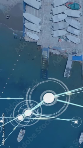 Pier storing dinghies showing bright circle launching glowing network across water for marine tech