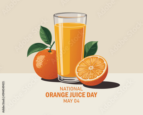 National Orange Juice Day vector illustration. Glass of refreshing orange fruit juice icon vector. May 4 every year. Important day