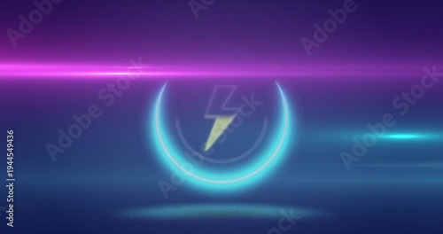 Glowing neon cyan crescent ring hovering on futuristic stage, with pale yellow lightning emblem
