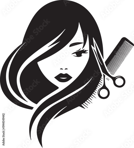 Elegant Beauty Salon Logo with Female Face, Comb and Scissors Black Vector Illustration