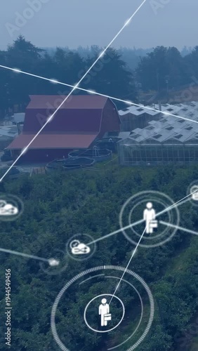 Vertical video: HUD node fading in, agent icon linking clouds over barn, forming web managing farm