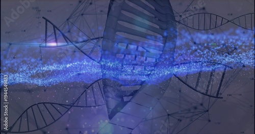 Displaying stylized double helix centering in biotech graphic, with blue stream, schematics, flares