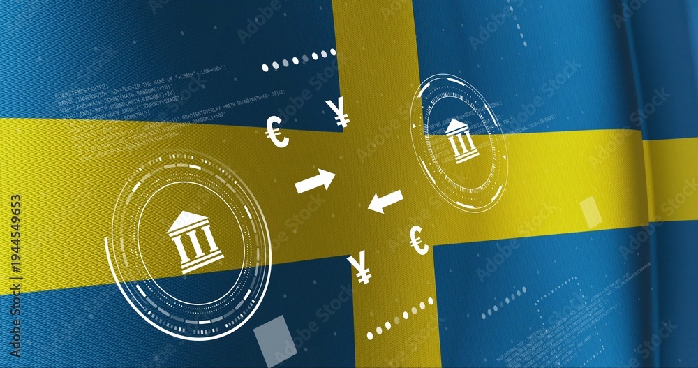 Naklejka premium Displaying central fintech motif overlaying Swedish flag fabric, showing bank icons, arrows, € ¥ £
