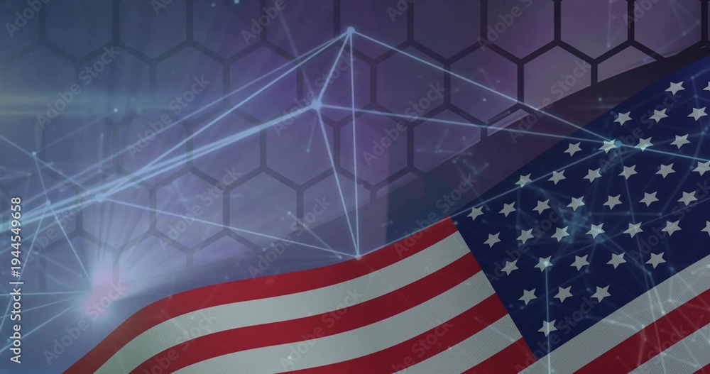 Naklejka premium Rippling US flag occupying center in studio graphic with hex grid, network lines and glowing flares