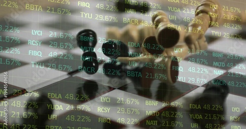 Displaying black discs sitting on square board in office, with wooden pawns and stock percentages