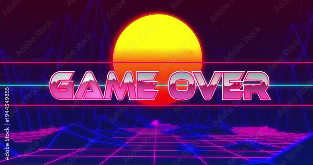Obraz premium Glowing chrome GAME OVER sign dominating sunset horizon with magenta grid and wireframe mountains