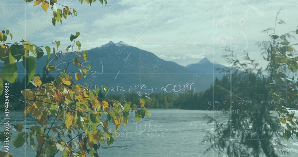 Fototapeta premium Framing foreground leafy branch leaning over lakeshore, reflecting mountain peaks and math overlay
