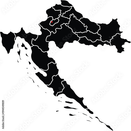 Detailed black and white vector illustration of the political map of Croatia highlighting capital of the Croatia 