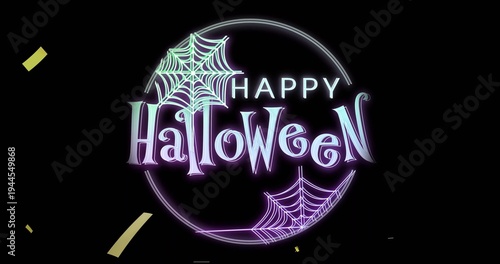 Glowing neon ring around HAPPY Halloween on black screen, mint-lilac spiderwebs, yellow confetti