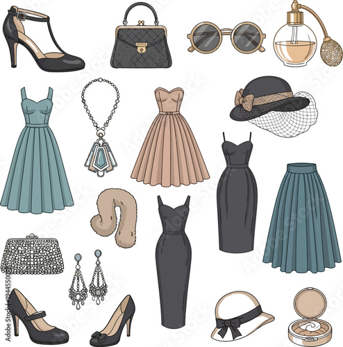 Elegant vintage-inspired women's fashion accessories and attire collection