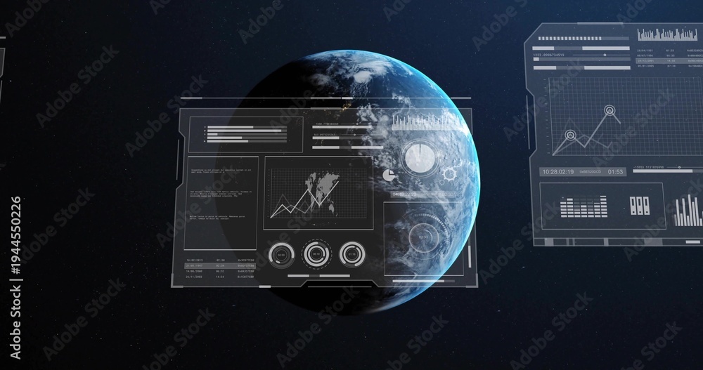 Fototapeta premium Displaying partially illuminated planet Earth rotating in outer space, with holographic UI panels