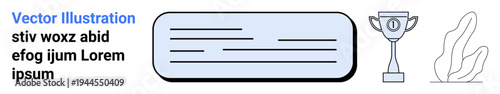 Achievement, recognition, awards, success, celebration, motivation. Horizontal text rectangle with a trophy and plant detail. Achievement and recognition concept for presentations and promotions