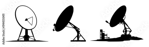 Solid black silhouette of a precision satellite ground station dish, global telecommunications theme, white background. set with simple line art design featuring line art, illustrations, graphic re...