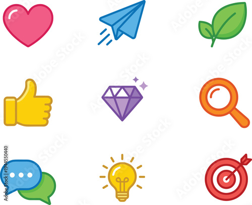 Colorful social media and business icons set including heart like paper plane leaf diamond search chat lightbulb and target flat vector illustration