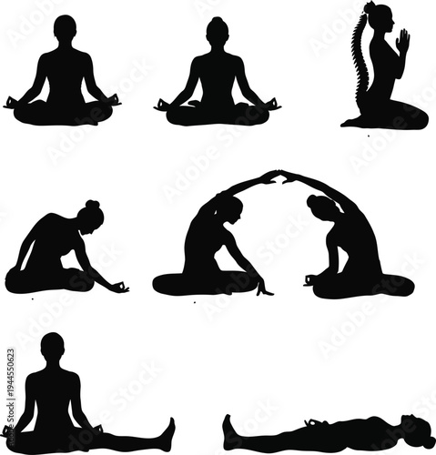 Illustrations of various yoga poses depicting flexibility and meditation techniques
