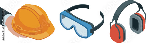 Construction safety equipment set, hard hat helmet, protective goggles, ear protection earmuffs, industrial workplace safety gear illustration isolated