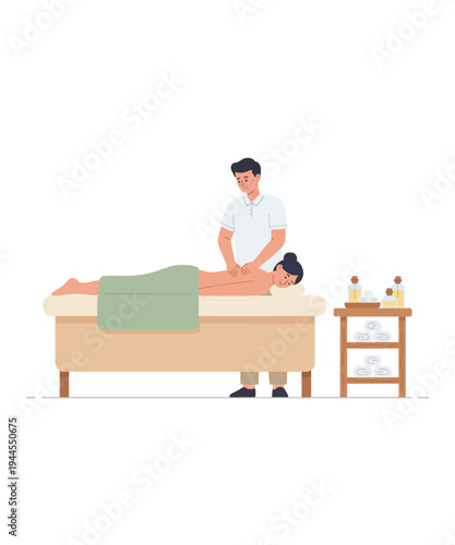 Male therapist giving back massage to patient on table vector illustration flat design
