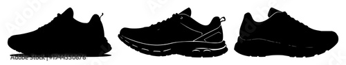 Running shoes set with solid black silhouette featuring high‑tech, carbon plate, sports tech with contrast and athletic performance