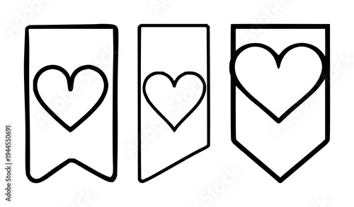 Bookmark icon set with heart shape and digital save symbol featuring technical line style, white background with user interface and favorite mark design