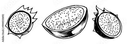 Dragon fruit slice set with digital glitch effect featuring futuristic aesthetic, sharp lines, cyberpunk elements with vibrant colors and abstract design