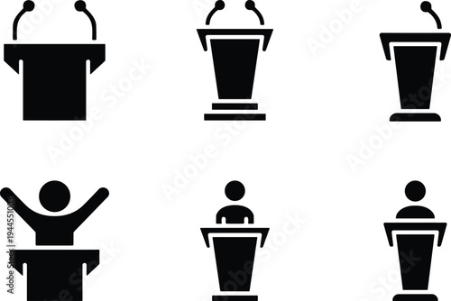 Podium speaker icon set with microphones and presenters, public speaking silhouette collection, political speech, conference presentation, debate podium symbols isolated on white background