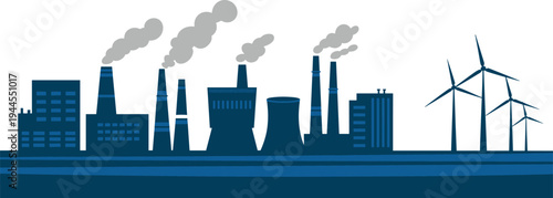 Industrial factory skyline with wind turbines, power plant smokestacks and urban industry landscape, energy production illustration background concept