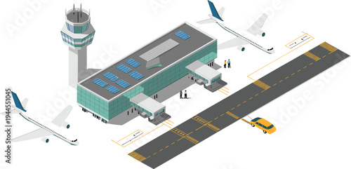 Isometric airport terminal building with airplanes and control tower, modern aviation transport hub showing passenger aircraft at runway gates