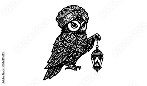 Black Owl with Turban Holding Lantern – Vector Illustration