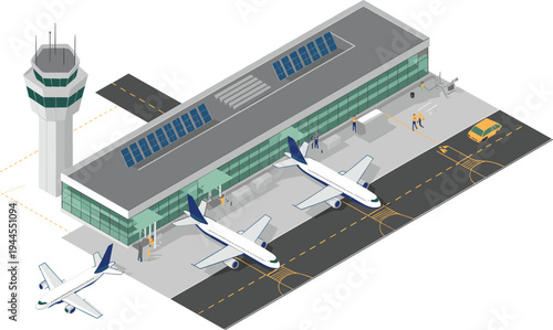 Isometric airport terminal with airplanes and control tower, modern aviation transport hub showing passenger aircraft at runway boarding gates