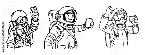 Space tourist set with doodle style illustration featuring a person taking a selfie, modern space travel, and fun art with celestial background and planets